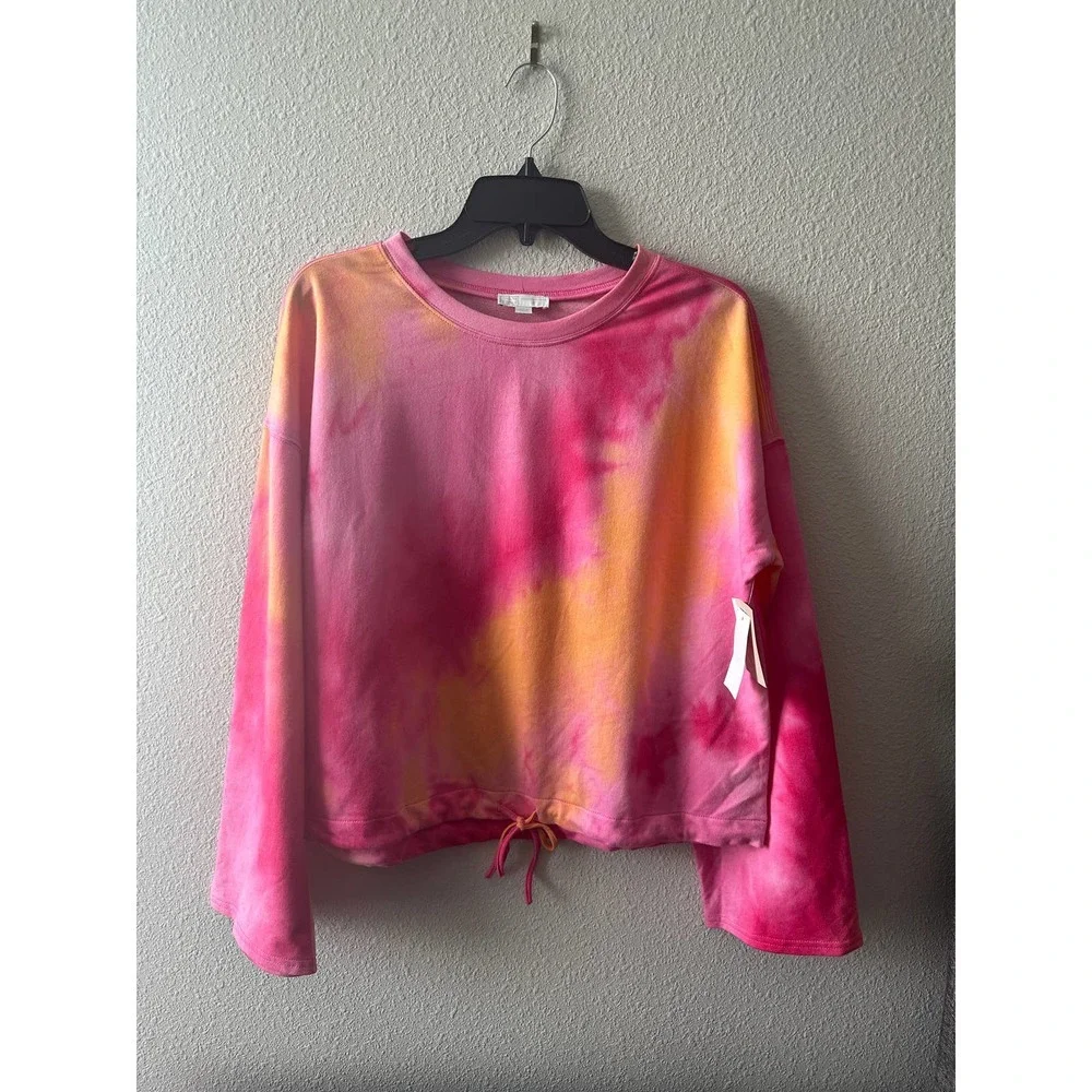 14th & Union Women's Tie Dye Drawstring Hem Shirt In Pink Orange - Picture 4 of 11